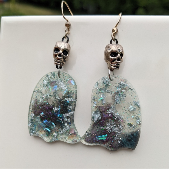 Hand Crafted Jewelry - Spooky Ghost Skulls Earrings Handmade Resin Art Glitter Dangly Halloween Goth